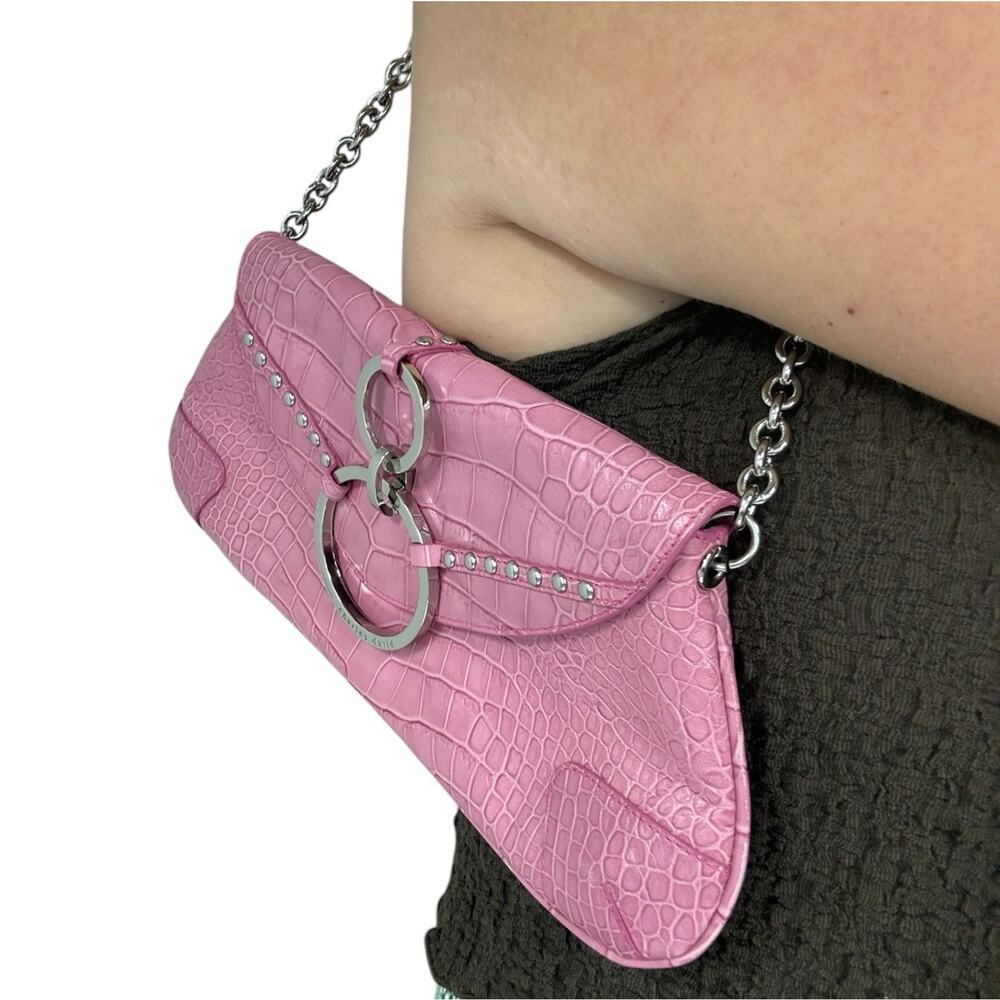 Vintage Y2K Style Pink Leather Croc Embossed Baguette Small Mini Shoulder Bag - Picture 6 of 10
